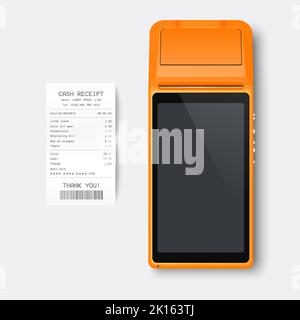 Vector 3D Orange NFC Payment Machine e Paper Check, ricevuta isolata. Wi-fi, pagamento wireless. Terminale POS, modello di progettazione della macchina per il pagamento bancario Illustrazione Vettoriale