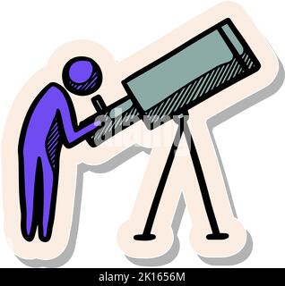 Icona telescopica disegnata a mano in linee di schizzo doodle in figura vettoriale stile adesivo Illustrazione Vettoriale
