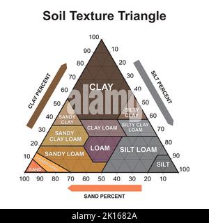 Triangolo della tessitura del suolo. Struttura biologica della terra. Soil Chart Percent Category (Categoria percentuale Illustrazione vettoriale. Illustrazione Vettoriale