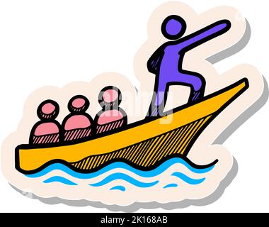 Disegno a mano concetto di leadership icona uomini in barca in stile adesivo vettore illustrazione Illustrazione Vettoriale