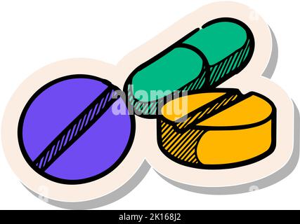 Icona delle pillole disegnate a mano in figura vettoriale stile adesivo Illustrazione Vettoriale