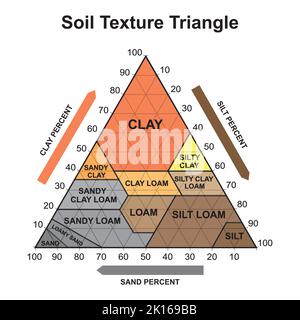 Triangolo della tessitura del suolo. Struttura biologica della terra. Soil Chart Percent Category (Categoria percentuale Illustrazione vettoriale. Illustrazione Vettoriale