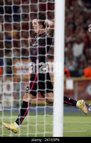 Roma, Italia. 15th Set, 2022. Nicolo' Zaniolo, di AS Roma, reagisce durante la partita di calcio dell'Europa League Group C tra Roma e HJK Helsinki allo stadio olimpico. Roma sconfisse HJK Helsinki 3-0. Credit: Riccardo De Luca - Update Images/Alamy Live News Foto Stock