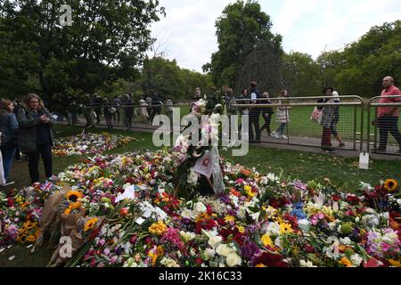 Londra, Regno Unito, 15th settembre 2022, bei tributi floreali per la regina Elisabetta II da tutto il Regno Unito e mondo. Carpeting Green Park con un mare di colori. Così tante persone stanno arrivando a Green Park che per brevi periodi è stato completamente chiuso., Andrew Lalchan Photography/Alamy Live News Foto Stock