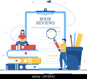 Modello di revisione del libro Illustrazione piatta di Cartoon disegnata a mano con il feedback del lettore per l'analisi, la valutazione, la soddisfazione e i commenti sulle pubblicazioni Illustrazione Vettoriale