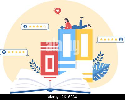 Modello di revisione del libro Illustrazione piatta di Cartoon disegnata a mano con il feedback del lettore per l'analisi, la valutazione, la soddisfazione e i commenti sulle pubblicazioni Illustrazione Vettoriale