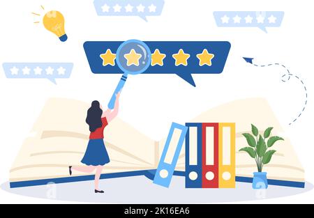 Modello di revisione del libro Illustrazione piatta di Cartoon disegnata a mano con il feedback del lettore per l'analisi, la valutazione, la soddisfazione e i commenti sulle pubblicazioni Illustrazione Vettoriale