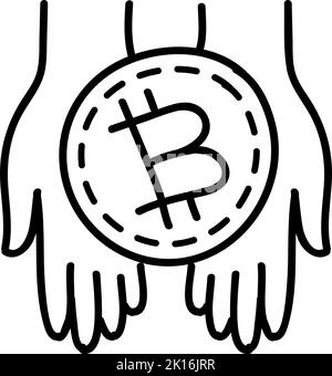 Mano che tiene Bitcoin criptovaluta icona. Portamonete. Illustrazione vettoriale disegnata a mano. Tratto di linea modificabile. Illustrazione Vettoriale