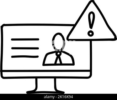 Icona di avviso di notizie false. Monitor del computer con segnale. Illustrazione vettoriale disegnata a mano. Tratto di linea modificabile Illustrazione Vettoriale