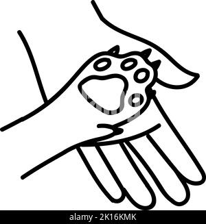 Icona di cura degli animali. Zampa di cane e palma umana. Illustrazione vettoriale disegnata a mano. Tratto di linea modificabile. Illustrazione Vettoriale