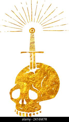 Struttura in lamina d'oro disegnata a mano pugnalata dal cranio con una spada. Illustrazione vettoriale. Illustrazione Vettoriale