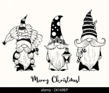 Simpatico natale gnomes scandinavo. Capodanno gnome Babbo Natale con albero, lanterna e bastone caramello. Illustrazione vettoriale. Laccio da disegno a mano Illustrazione Vettoriale