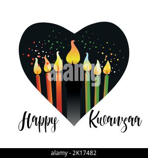 Banner Kwanzaa. Tradizionale concetto di stile natalizio etnico afroamericano con una candela in fiamme nel cuore nero. Illustrazione vettoriale. Illustrazione Vettoriale