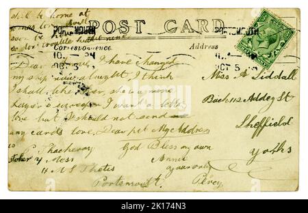 Retro della cartolina dell'era WW1, il re verde George V 1/2 d (metà pence / penny) francobollo datato e inviato da Portsmouth il 5th 1916 ottobre, Regno Unito Foto Stock