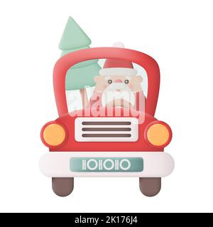 Cartoon Christmas Car con Babbo Natale Vista frontale icona 3D Vector Illustrazione su sfondo bianco Illustrazione Vettoriale