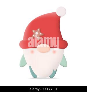 Natale Gnome Nisse in Red Hat 3D icona Vector Illustrazione su sfondo bianco Illustrazione Vettoriale