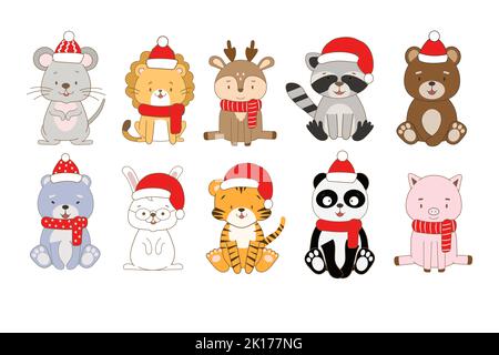 Un set di carini animali da cartoon in cappelli e sciarpe di Natale Illustrazione Vettoriale