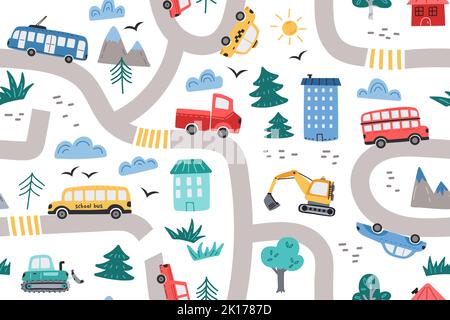 Schema delle strade della città. Stampa cittadina per bambini con carine piccole auto, trasporto urbano senza cuciture vettore sfondo illustrazione Illustrazione Vettoriale