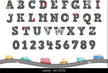 Alfabeto stradale. Lettere e numeri divertenti con camion e auto disegnati a mano, set di illustrazioni vettoriali per bambini Illustrazione Vettoriale