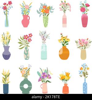 Fiori in vaso. Eleganti bouquet, mazzo di piante da giardino fiorenti in vasi decorativi set vettoriale Illustrazione Vettoriale