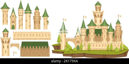 Costruttore del castello medievale. Vecchio bastione, cartoni animati antico creatore torre e palazzo pareti elementi vettore set Illustrazione Vettoriale