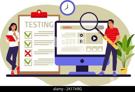 Persone che testano il software correggendo i bug nel dispositivo hardware. Test delle applicazioni e concetto di servizio IT. Illustrazione vettoriale. Piatto Illustrazione Vettoriale