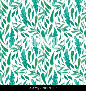 Rami verdi, foglie e stelle. Acquerello piante su sfondo bianco. Ripetizione senza giunture. Illustrazione per tessuti, scrapbooking, copertine, cartoline Foto Stock