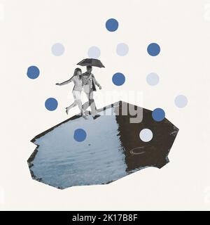 Collage d'arte contemporanea. Giovane coppia, uomo e donna con ombrello che cammina su una data il giorno piovoso, saltando sopra pudle. Foto Stock