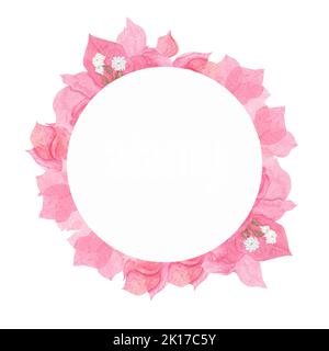 Corona decorativa di fiori rosa di bouganvillea. Acquerello disegno botanico. Illustrazione su sfondo bianco per la stampa di biglietti e inviti. Foto Stock