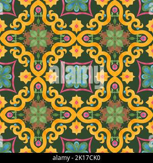 Piastrelle con motivi ad acquerello con elementi intrecanti. Ornamento floreale e geometrico su sfondo verde. Per la stampa di stampe, tessuti, copertine, deco Foto Stock