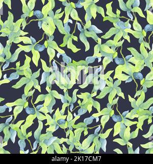 Foglie verdi soleggiate su rami intrecanti. Motivo acquerello senza cuciture su sfondo grigio. Illustrazione per copertine, carta regalo, biglietti e confezioni. Foto Stock