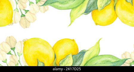 Acquerello giallo limoni, fiori e foglie verdi. Sun Citrus bordo senza cuciture. Disegno botanico su sfondo bianco. Foto Stock