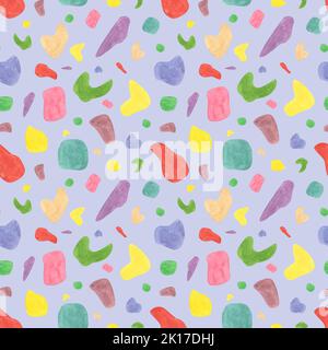 Spot luminosi in stile terrazzo. Acquerello motivo senza cuciture su sfondo lilla. Per abbigliamento, rivestimenti, decorazioni per bambini. Foto Stock