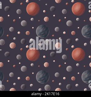 Pianeti modello senza giunture. Illustrazione dello spazio su sfondo scuro. Ripetizione con sfere colorate. Disegno per tessuti, abbigliamento per bambini, libri, insenatura Foto Stock
