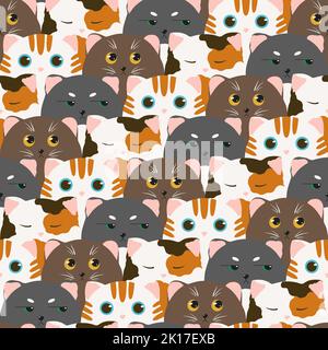 Facce di gatti con emozioni diverse. Ridimensiona la ripetizione senza giunture. Animali divertenti per la stampa e la progettazione di copertine, tessuti, stampe, decorazioni. Foto Stock