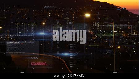 Immagine di interfaccia con elaborazione dati contro la vista aerea del traffico cittadino di notte Foto Stock