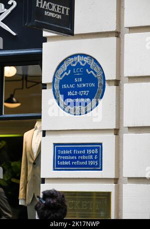 Viste di Londra - targa blu che commemora il filosofo Sir Isaac Newton al 87 di Jermyn Street, St James's, Londra SW1Y 6JP Foto Stock