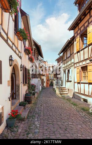 Bella strada nel comune di Eguisheim Francia Foto Stock