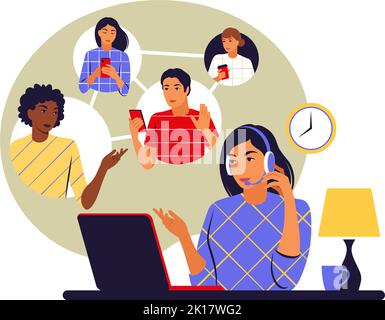 Concetto di chat. Donna che chiacchiera con gli amici online. Social networking, chat, video, notizie, messaggi, cerca amici. Illustrazione vettoriale. Piatto. Illustrazione Vettoriale