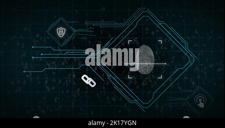 Immagine dell'impronta digitale sottoposta a scansione, icone di sicurezza online, elaborazione dati e interfaccia digitale con linee verdi su sfondo nero. Online Foto Stock
