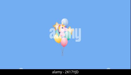 Immagine di palloncini multicolore e icone unicorno che galleggiano sul cielo blu con nuvole sullo sfondo. Social media online globale con Foto Stock