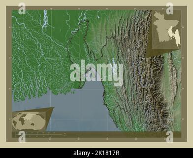 Chittagong, divisione del Bangladesh. Mappa dell'altitudine colorata in stile wiki con laghi e fiumi. Mappe delle posizioni ausiliarie degli angoli Foto Stock