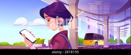 Donna usa il telefono cellulare per ordinare il taxi. Città strada, fermata dell'autobus o stazione con ragazza guarda smartphone, taxi giallo sulla strada, vettore cartoon illustrazione. Illustrazione Vettoriale