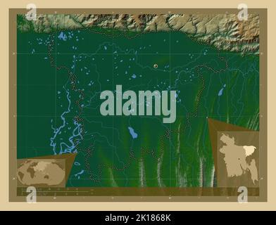 Sylhet, divisione del Bangladesh. Mappa di altitudine colorata con laghi e fiumi. Mappe delle posizioni ausiliarie degli angoli Foto Stock