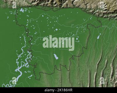 Sylhet, divisione del Bangladesh. Mappa dell'altitudine colorata in stile wiki con laghi e fiumi Foto Stock