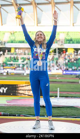 Elena Vallortigara, Italia, medaglia di bronzo per il salto alto femminile ai Campionati Mondiali di Atletica, Hayward Field, Eugene, Oregon US Foto Stock