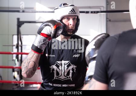 Robert Helenius, pesantezza maggiore finlandese, spara nella sua palestra di allenamento a Mariehamn, a Åland, in Finlandia. Fotografia: Rob Watkins/Alamy Foto Stock