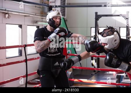 Robert Helenius, pesantezza maggiore finlandese, spara nella sua palestra di allenamento a Mariehamn, a Åland, in Finlandia. Fotografia: Rob Watkins/Alamy Foto Stock