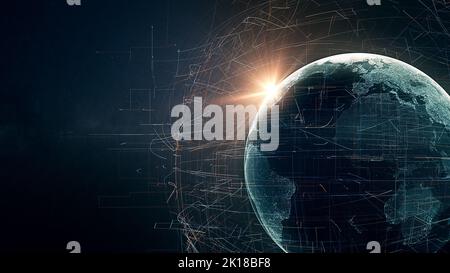 Globo terrestre di notte circondato dal rumore digitale, tecnologia futuristica che illustra il mondo digitale con effetti di luce su sfondo galassico Foto Stock
