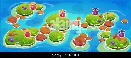 Mappa del livello ui del gioco isole in oceano con cristalli, erba verde, rocce, stelle e numeri. Cartoon 2D fantasy piattaforma paesaggio, ambiente grafica f Illustrazione Vettoriale